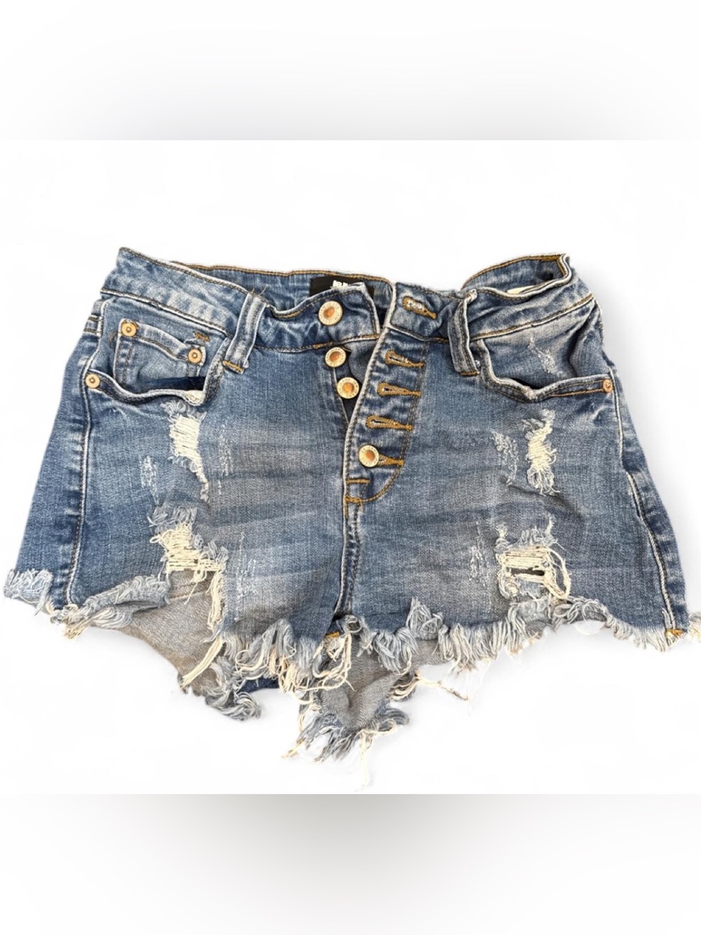 Distressed High-Waist Button-Fly Denim Shorts - Blue